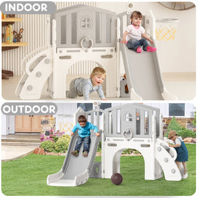 XJD 8 in 1 Toddler Slide Set  Climber Slide for Age 1-3, Outdoor Indoor Playset with Basketball Hoop, Telescope, and Storage Space, Gray/Grey