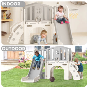 XJD 8 in 1 Toddler Slide Set  Climber Slide for Age 1-3, Outdoor Indoor Playset with Basketball Hoop, Telescope, and Storage Space, Coffee/Beige