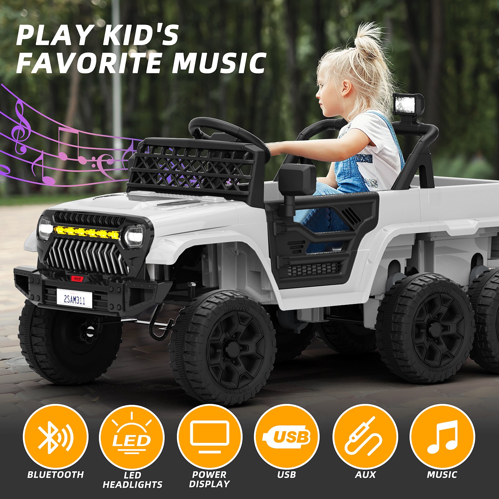 XJD 12V 7AH Ride On Truck Car with Remote Control, 6 Wheels, 2 Seats, Power Car for Kids, White