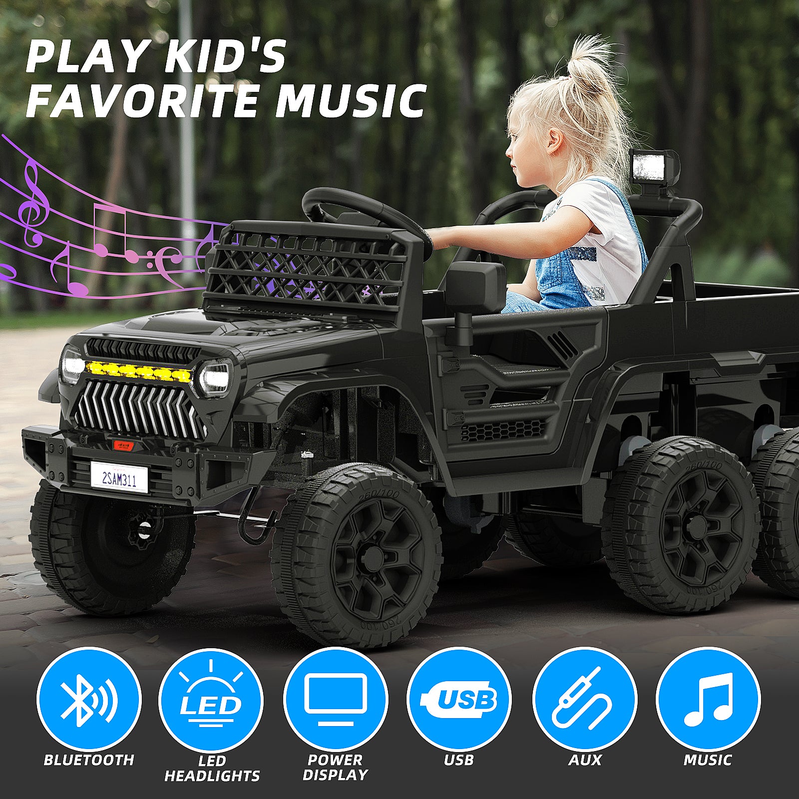 XJD 12V 7AH Ride On Truck Car with Remote Control, 6 Wheels, 2 Seats, Power Car for Kids, Black