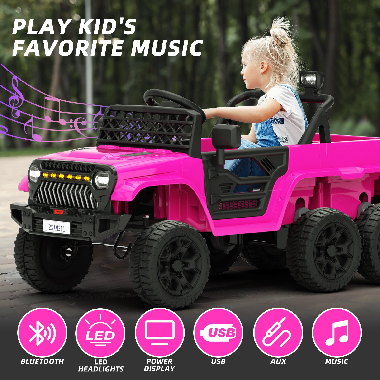 XJD 12V 7AH Ride On Truck Car with Remote Control, 6 Wheels, 2 Seats, Power Car for Kids, Pink