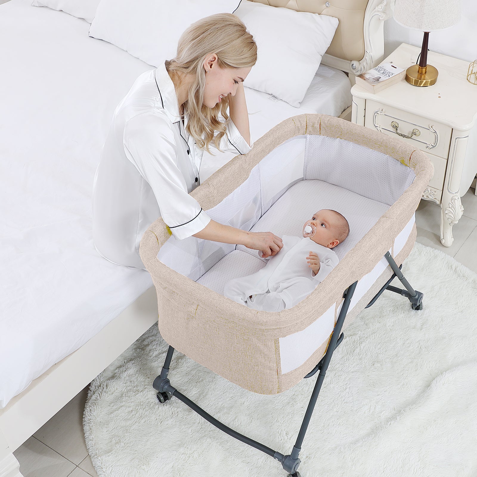 XJD Baby Bassinets Rocking Bassinet, Beige Portable Travel Easy Folding Bedside Crib Adjustable Height for Newborn Infant