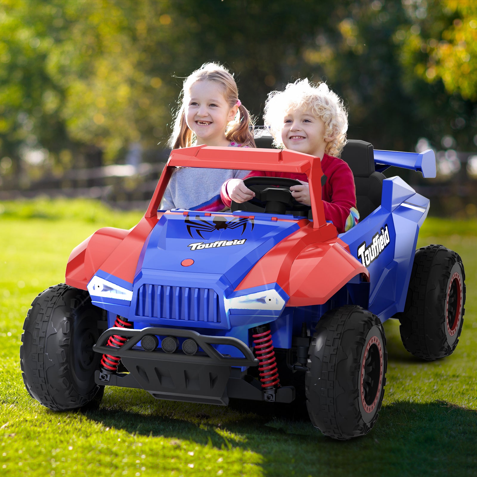 XJD 12V/24V 7AH Ride On Car with Remote Control, 2WD/4WD Switchable, 2 Seats, Power Car for Kids, Blue&Red