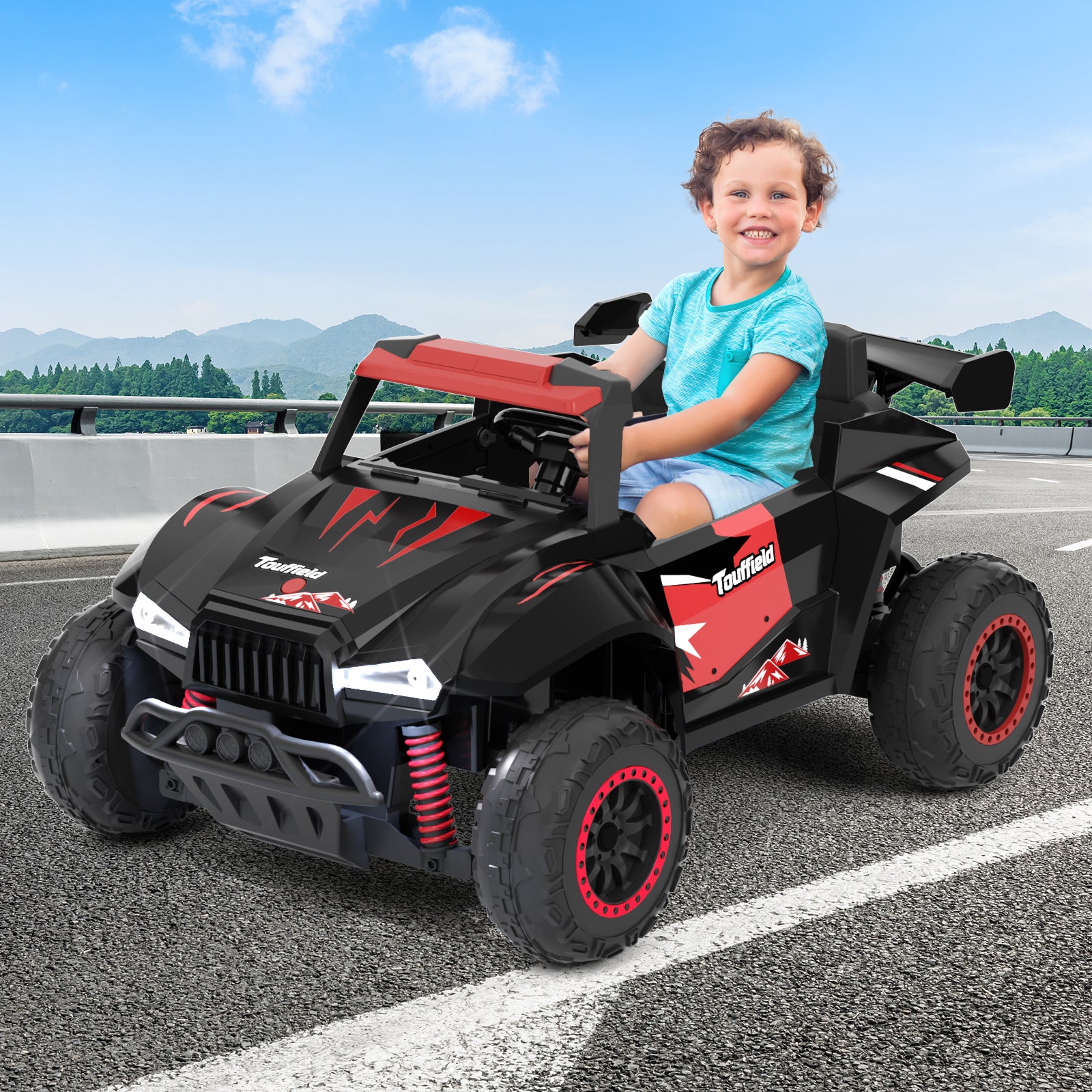 XJD 24V 7AH Ride On Car with Remote Control, 4WD Switchable, 2 Seats, Power Car for Kids, Black&Red