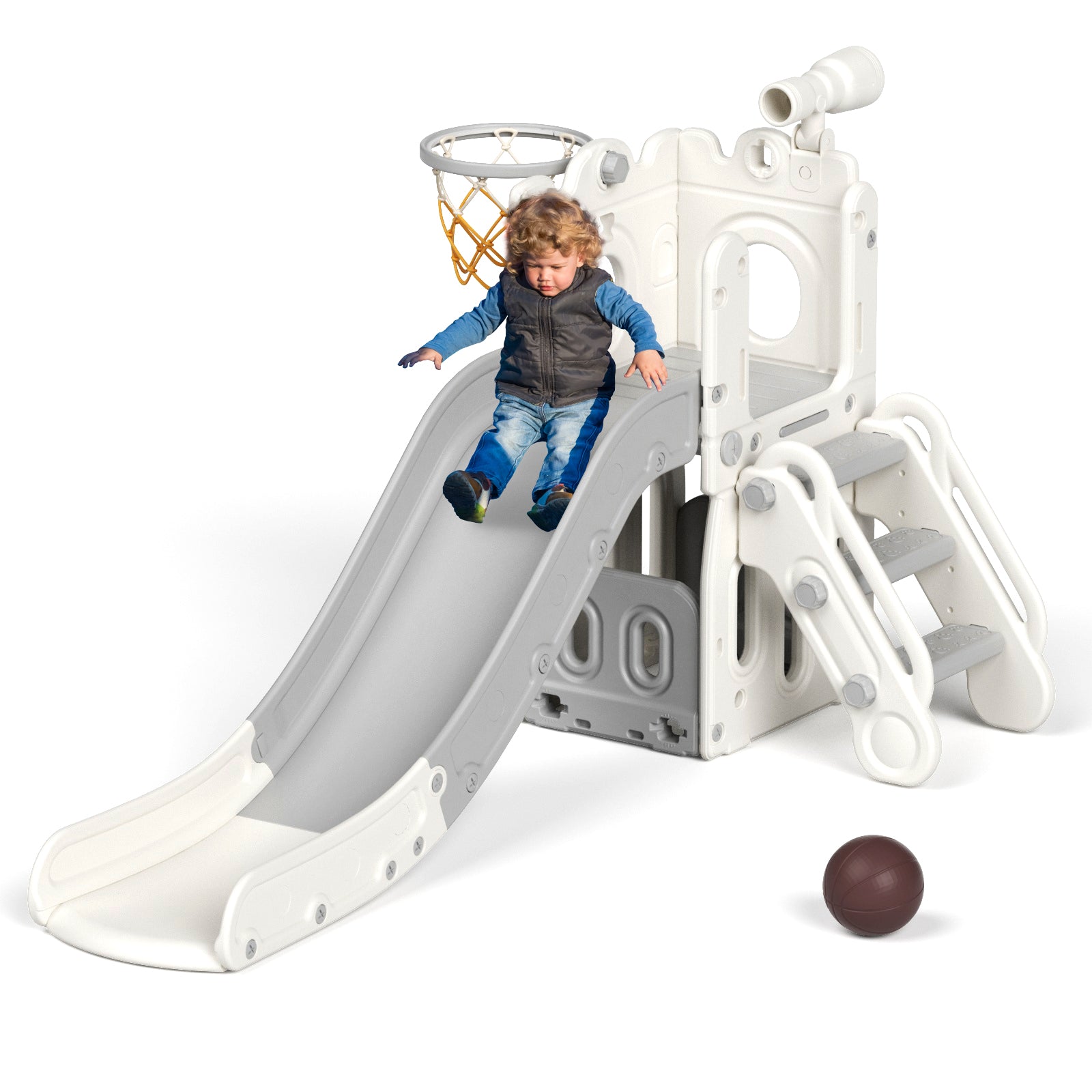 XJD 5-in-1 Toddler Slide Set in Gray Freestanding Climber Playset for Ages 1-3, Outdoor/Indoor Playset with Basketball Hoop and Ball