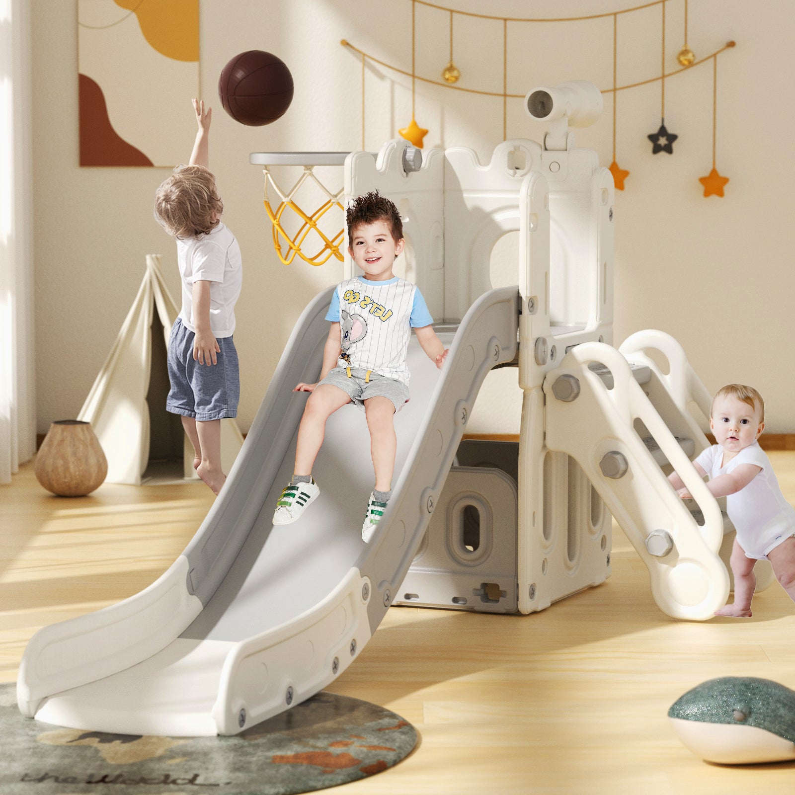 XJD 5-in-1 Toddler Slide Set in Gray Freestanding Climber Playset for Ages 1-3, Outdoor/Indoor Playset with Basketball Hoop and Ball