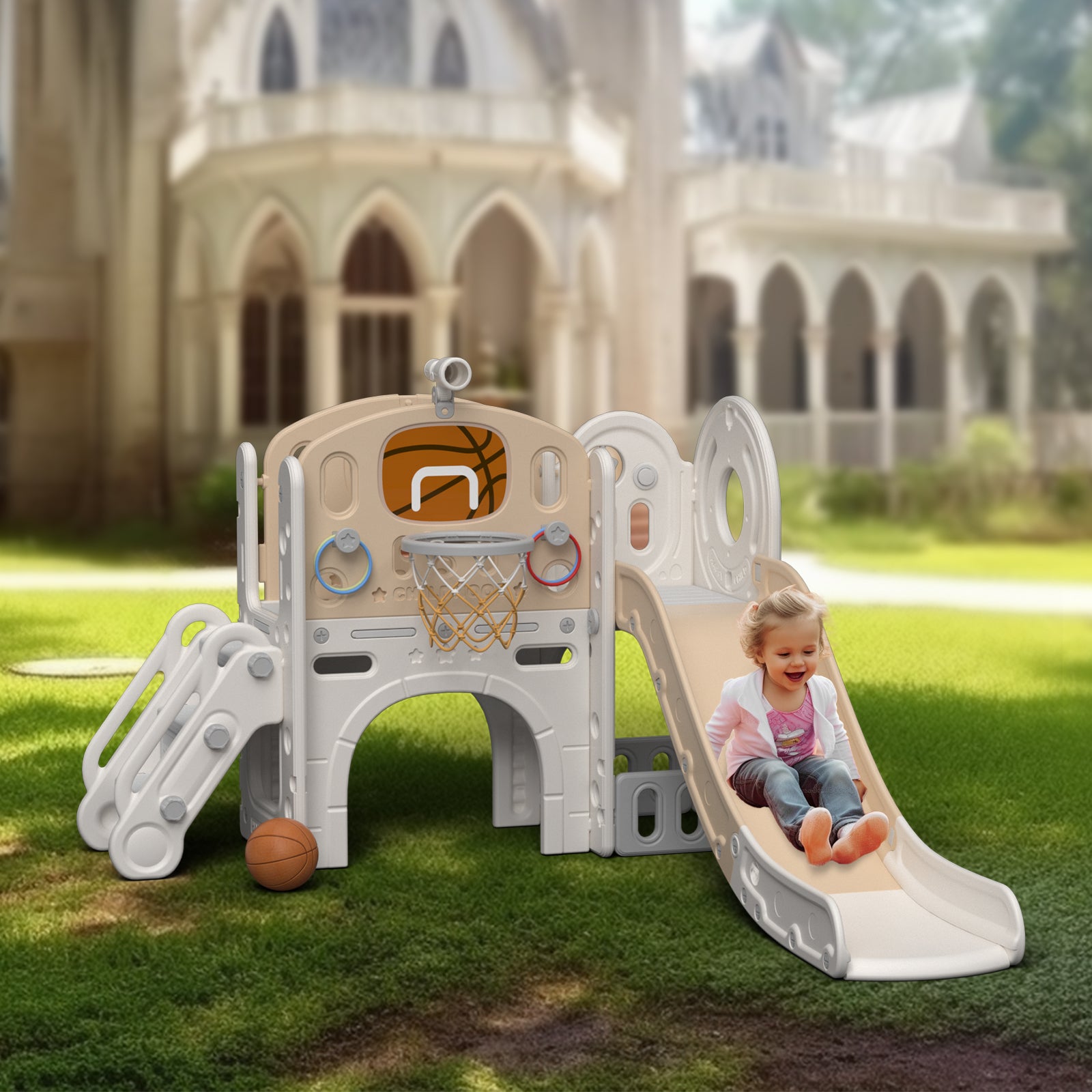 XJD 8-in-1 Kids Slide with Climber with Basketball Hoop, Tunnel, Telescope and Storage Space, Freestanding Indoor/Outdoor Toddler Play Set, Beige Coffee