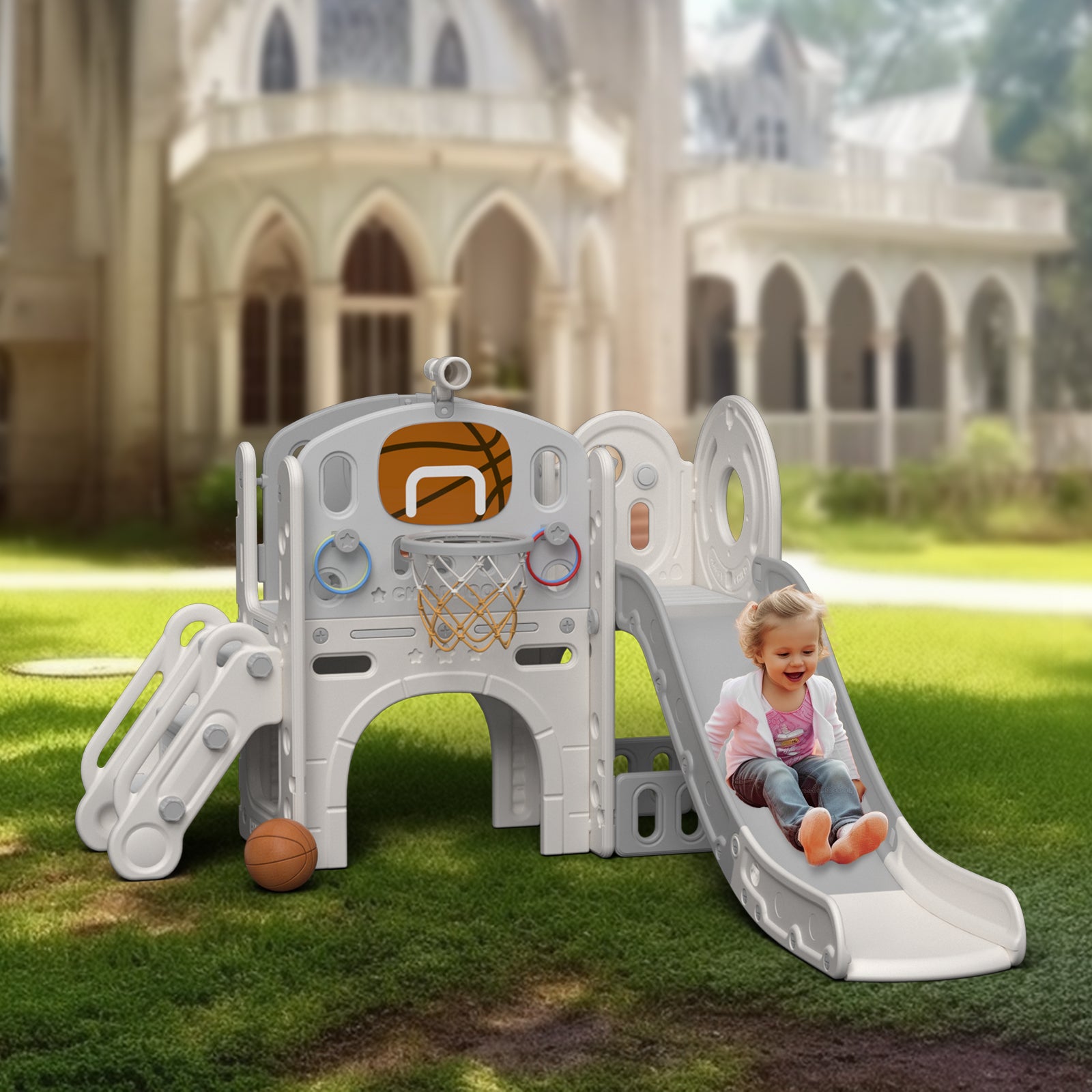 XJD 8-in-1 Kids Slide with Climber with Basketball Hoop, Tunnel, Telescope and Storage Space, Freestanding Indoor/Outdoor Toddler Play Set, White Gray