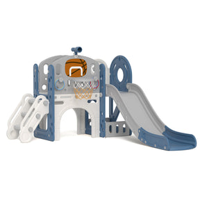 XJD 8-in-1 Kids Slide with Climber with Basketball Hoop, Tunnel, Telescope and Storage Space, Freestanding Indoor/Outdoor Toddler Play Set, Blue Grey