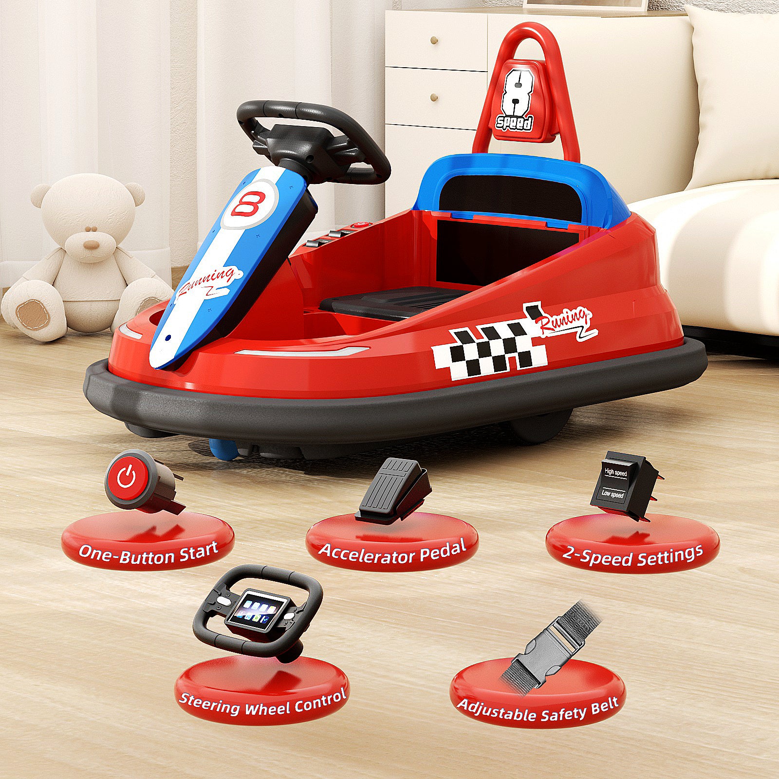 XJD 360° Spinning Toddlers Battery Powered Electric Bumper Cars for Kids Age 1.5+, Red