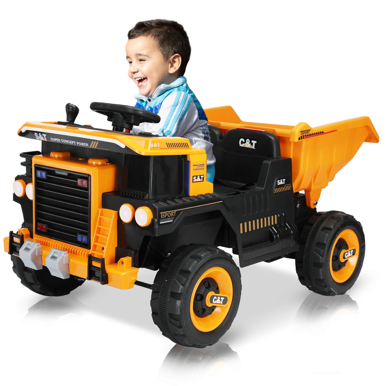 XJD 12V Kids Ride On Truck Car w/Parent Remote Control, Spring Suspension, LED Lights, USB Port, Bluetooth - Orange