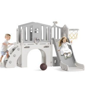XJD 8 in 1 Toddler Slide Set  Climber Slide for Age 1-3, Outdoor Indoor Playset with Basketball Hoop, Telescope, and Storage Space, Gray/Grey