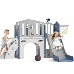 XJD 8 in 1 Toddler Slide Set  Climber Slide for Age 1-3, Outdoor Indoor Playset with Basketball Hoop, Telescope, and Storage Space, Blue/Grey
