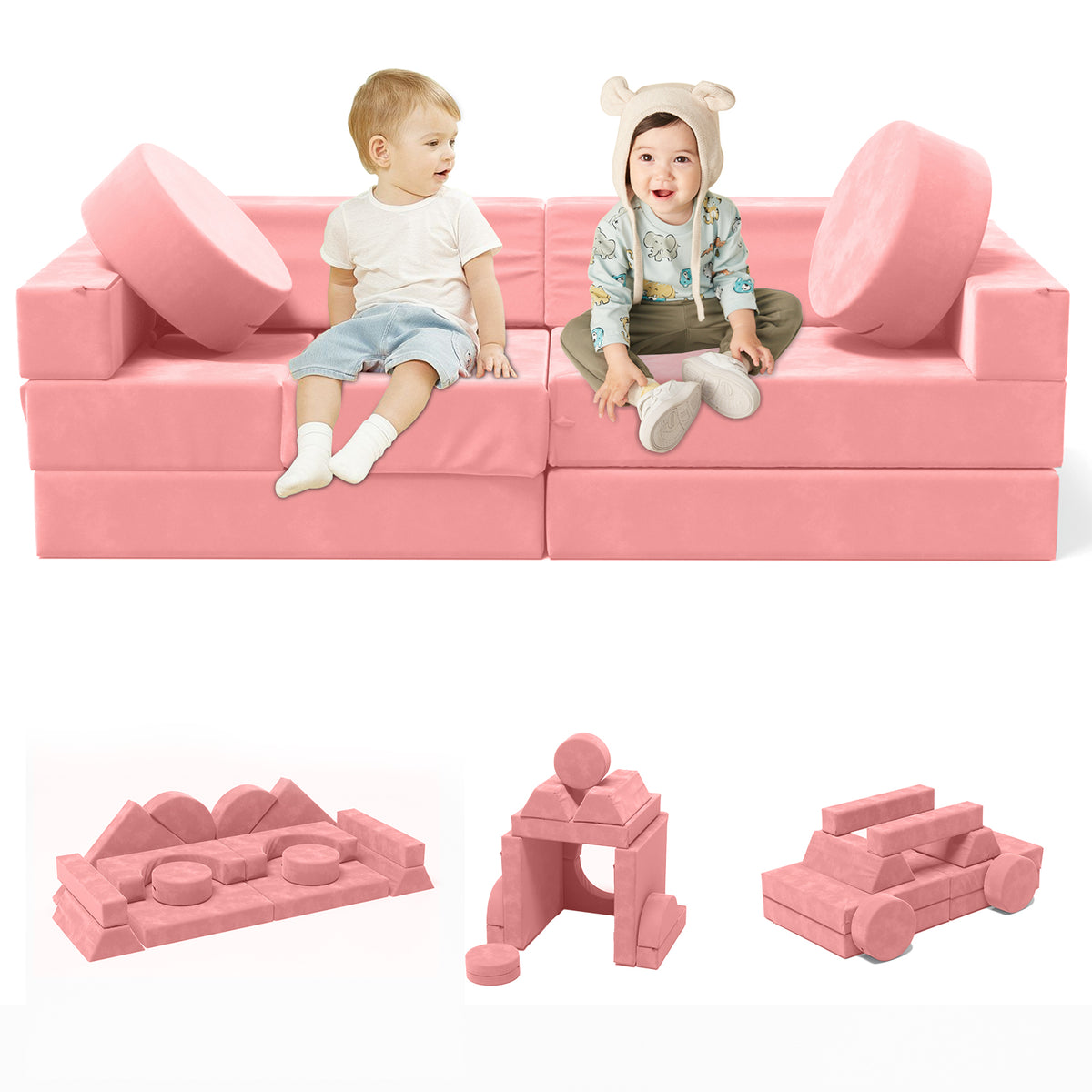 XJD 14-Piece Modular Kids Play Couch Set, Children's Combination Sofa, Bedroom and Playroom Children's Furniture, Convertible Foam and Floor Cushions, Pink