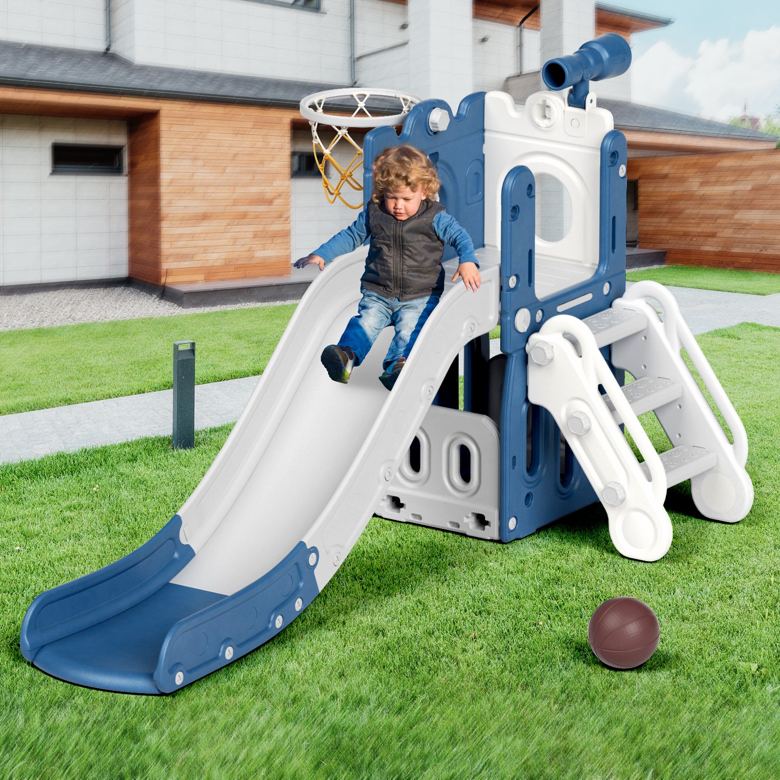 XJD 5-in-1 Toddler Slide Set in Blue Freestanding Climber Playset for Ages 1-3, Outdoor/Indoor Playset with Basketball Hoop and Ball