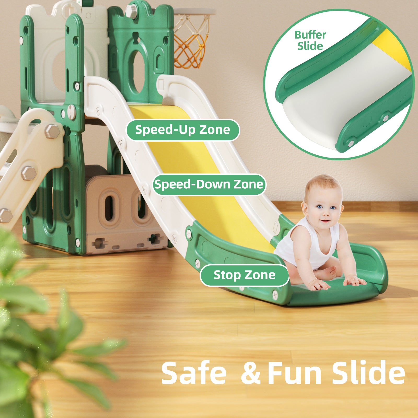 XJD 5-in-1 Toddler Slide Set in Yellow Green Freestanding Climber Playset for Ages 1-3, Outdoor/Indoor Playset with Basketball Hoop and Ball