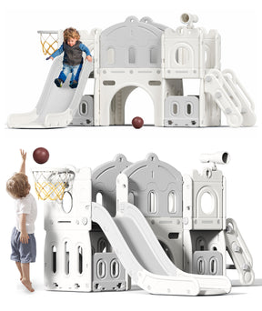 XJD 7-in-1 Kids Slide Climber with Basketball Hoop, Tunnel, Telescope, and Storage Indoor/Outdoor Toddler Play Set, White/Grey